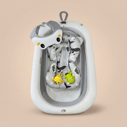 Bañera Plegable con Soporte, Cojín y Termómetro Digital ™ – Gris Mimico ® | Esenciales para Bebé