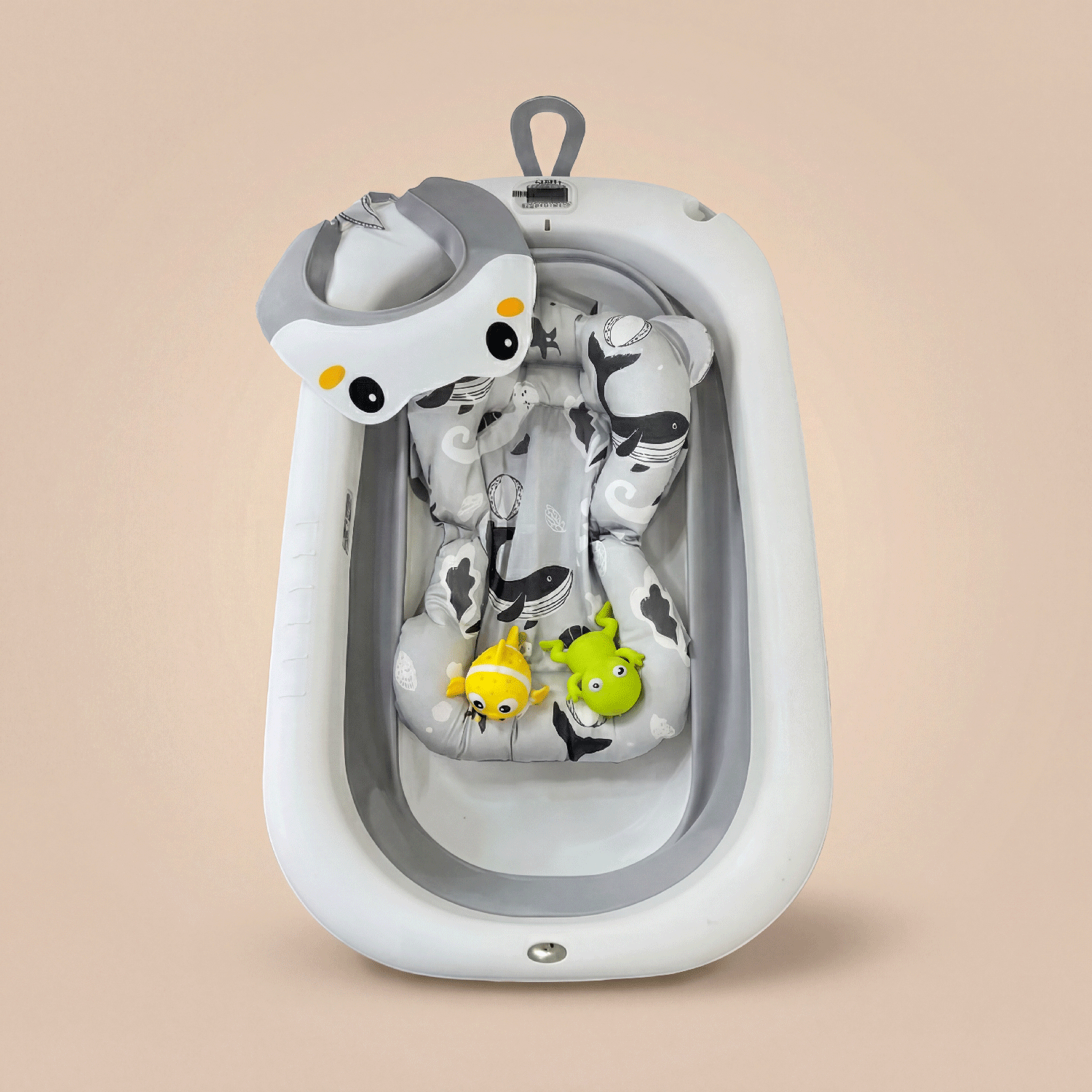 Bañera Plegable con Soporte, Cojín y Termómetro Digital ™  – Gris Mimico ® | Esenciales para Bebé